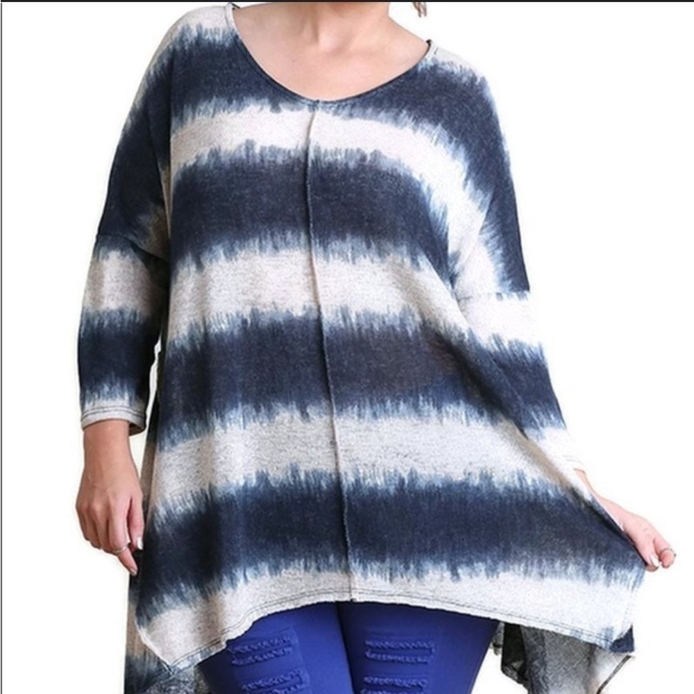 Umgee Navy Blue White Tie Dye Striped Boho Chic Coastal Tunic Size Large